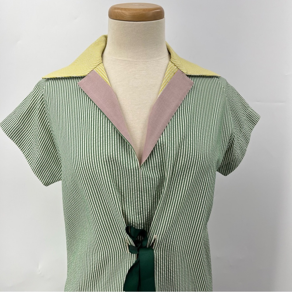 Shamask 0 US2/4 Designer seersucker green Dress 0436 Collar Pockets colorblock - Picture 4 of 11